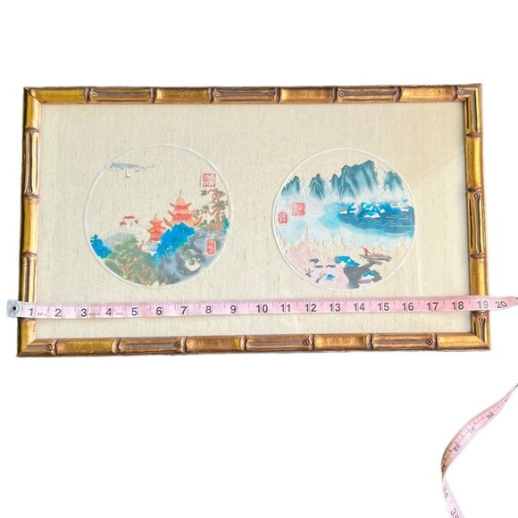 Vintage Chinese Paper Cut Watercolor in Bamboo Frame - Picture 2 of 5